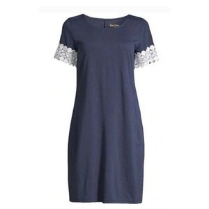 Lilly Pulitzer Navy Blue Knit Shift Dress White Crochet Lace Sleeve Trim Size S